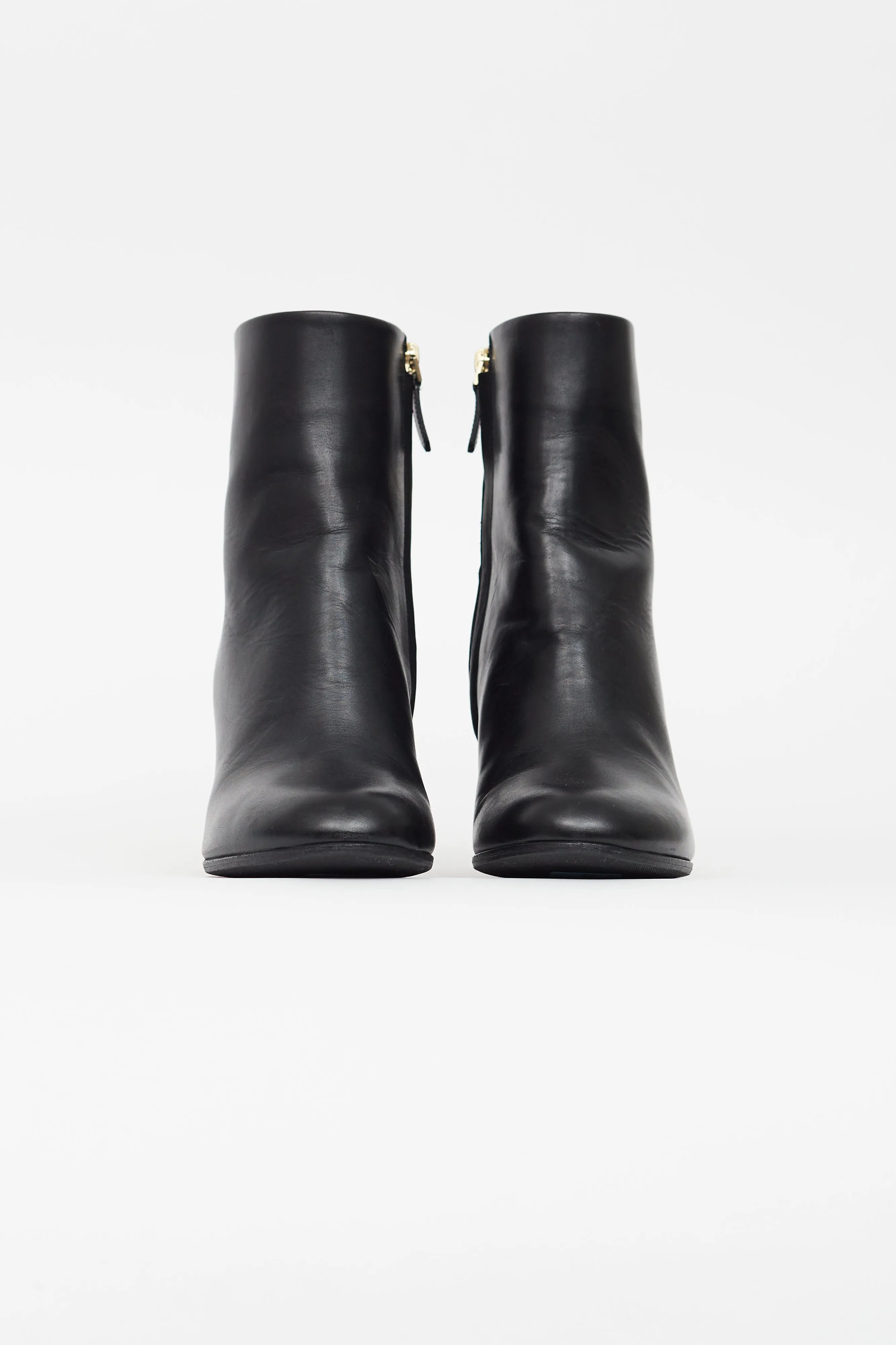 Black Leather Block Heel Ankle Boot