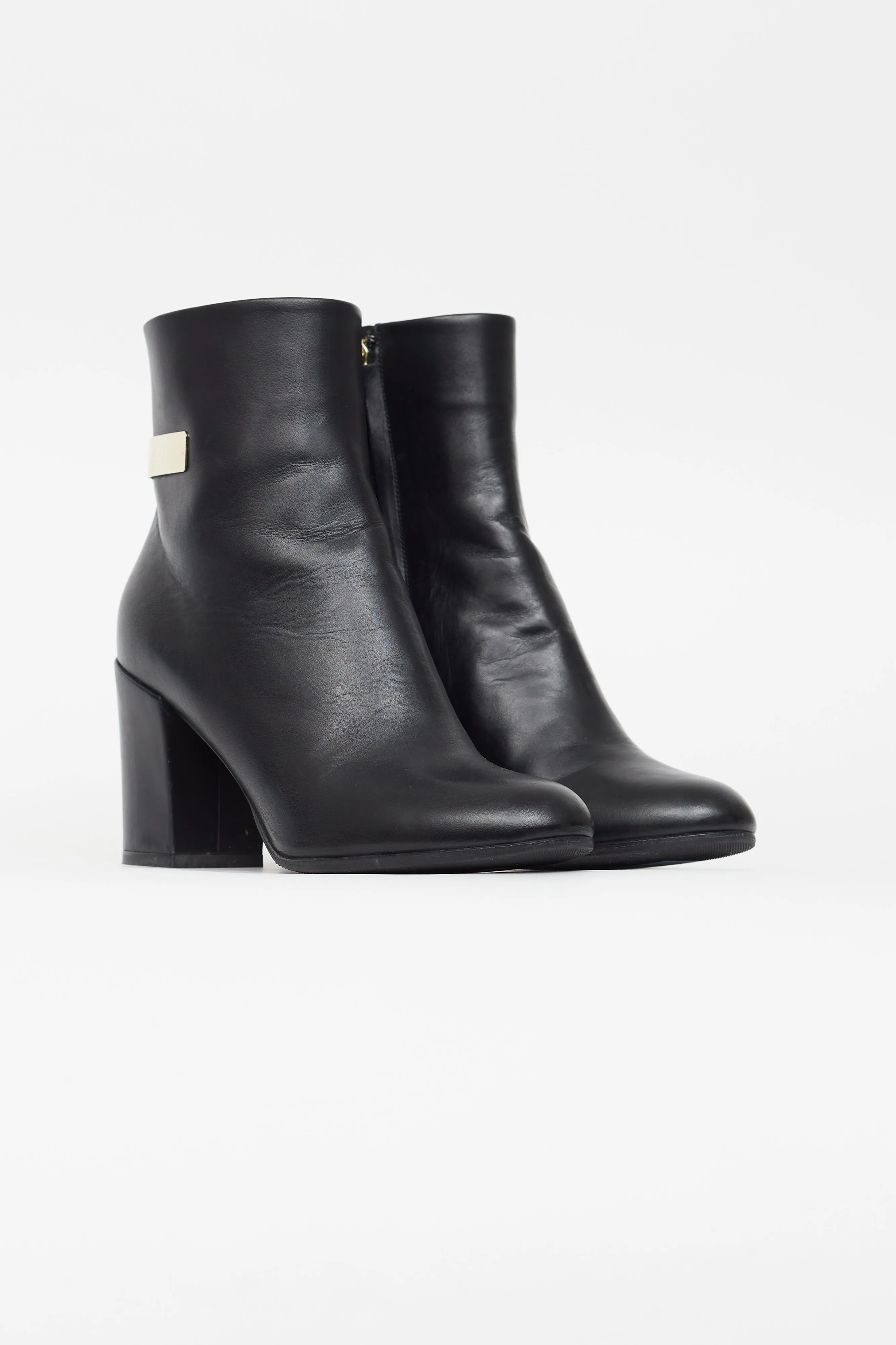 Black Leather Block Heel Ankle Boot