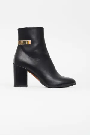Black Leather Block Heel Ankle Boot