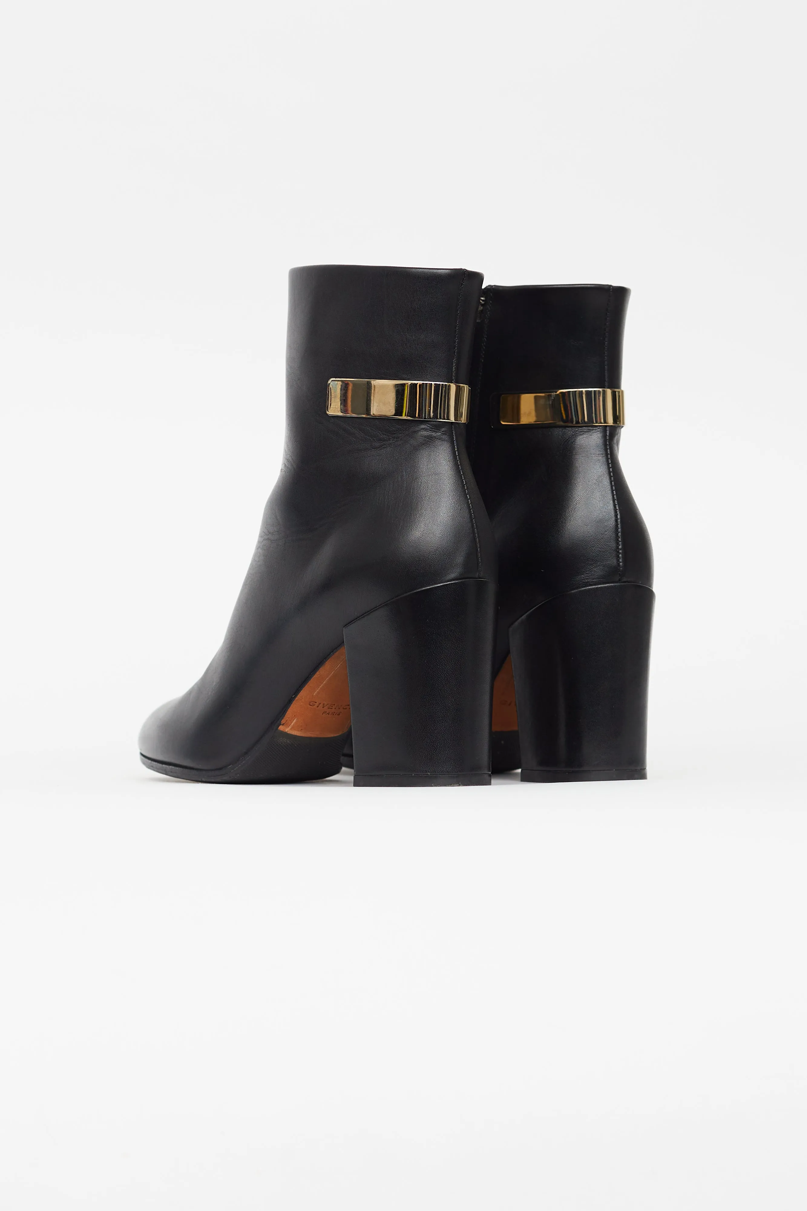 Black Leather Block Heel Ankle Boot