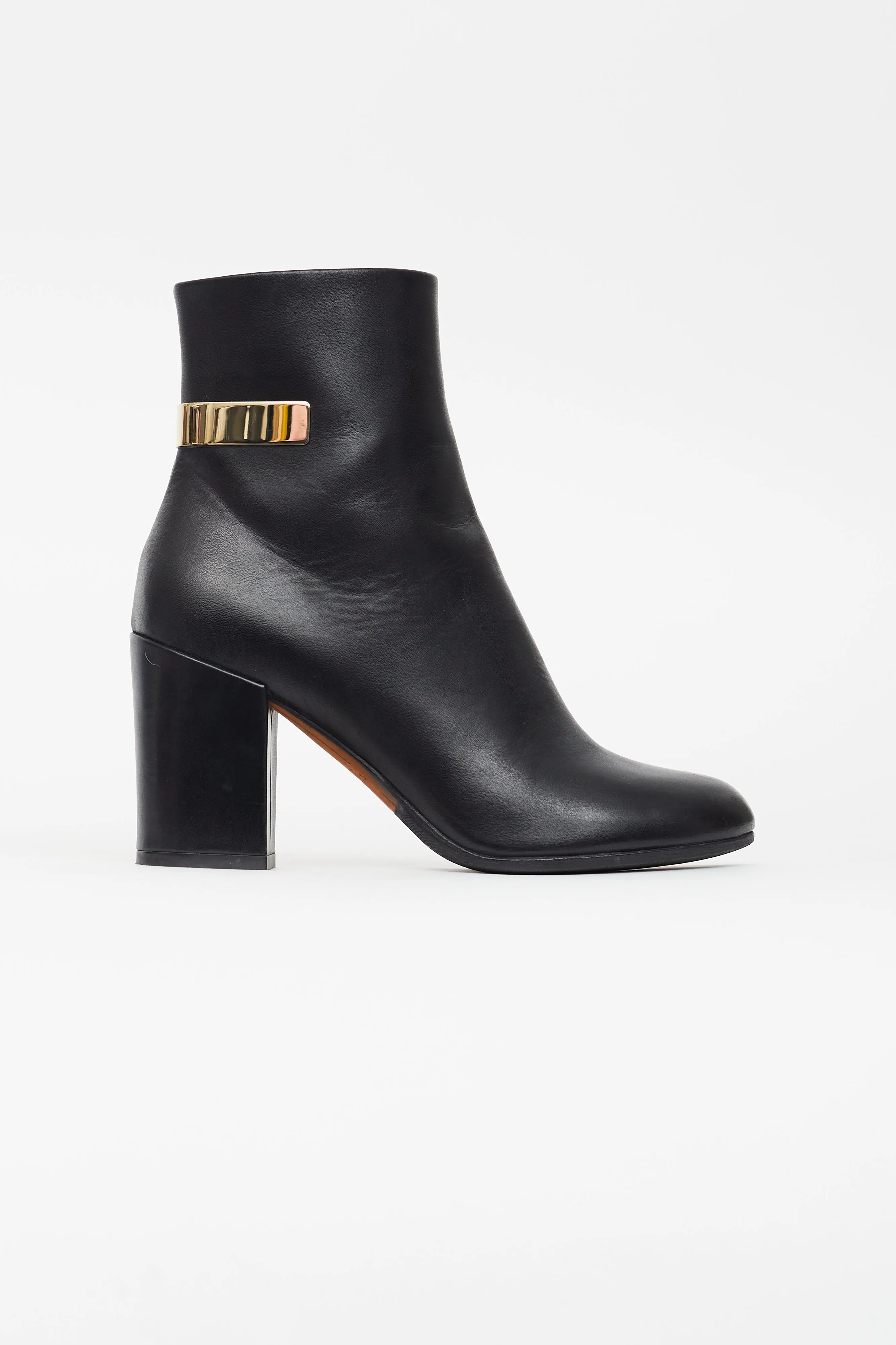 Black Leather Block Heel Ankle Boot