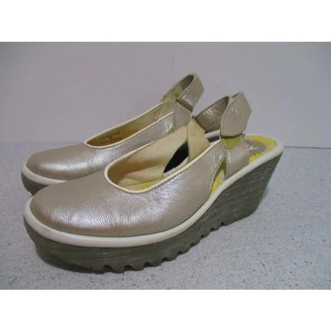 Fly London Silver Gray Pebbled Platform Wedge Sandal Pumps Size Eu