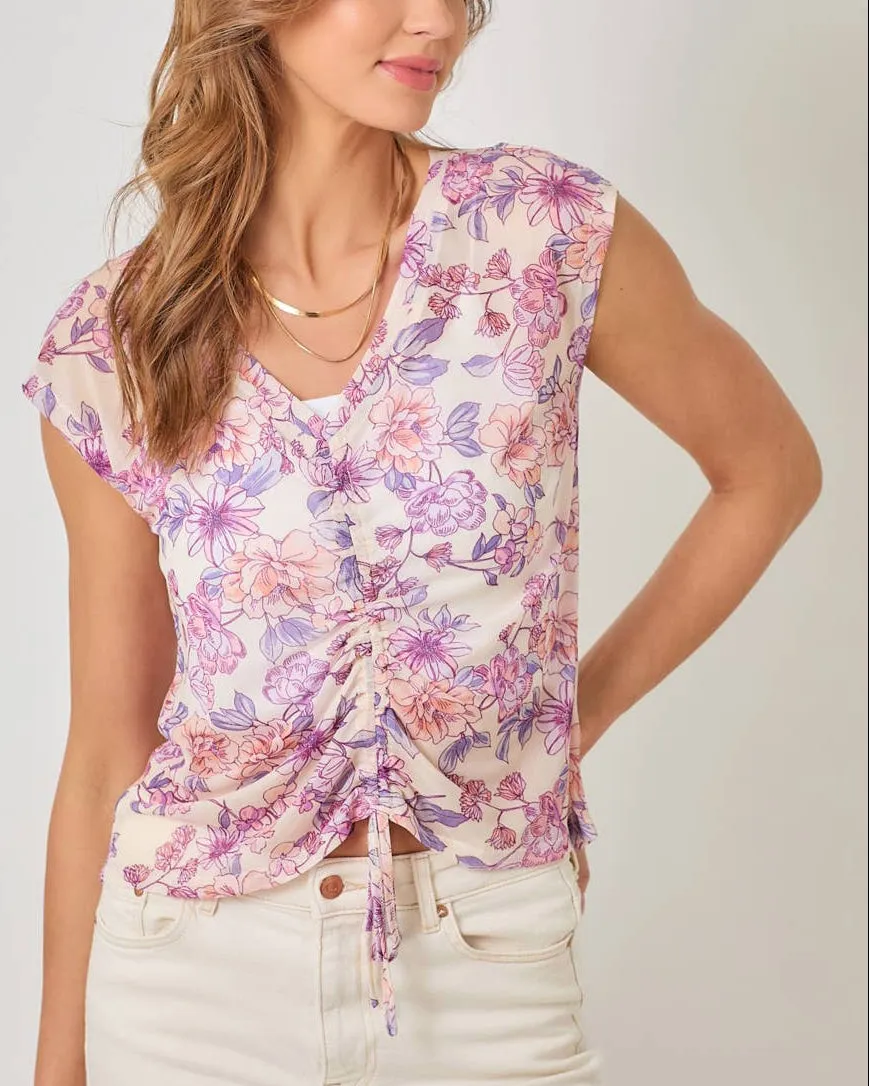 Ivory and Purple Floral Ruched Mesh Top