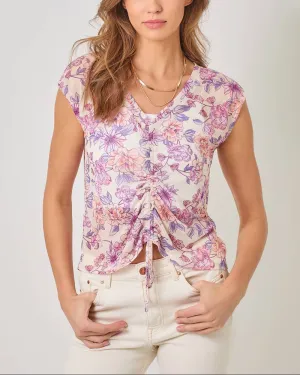 Ivory and Purple Floral Ruched Mesh Top