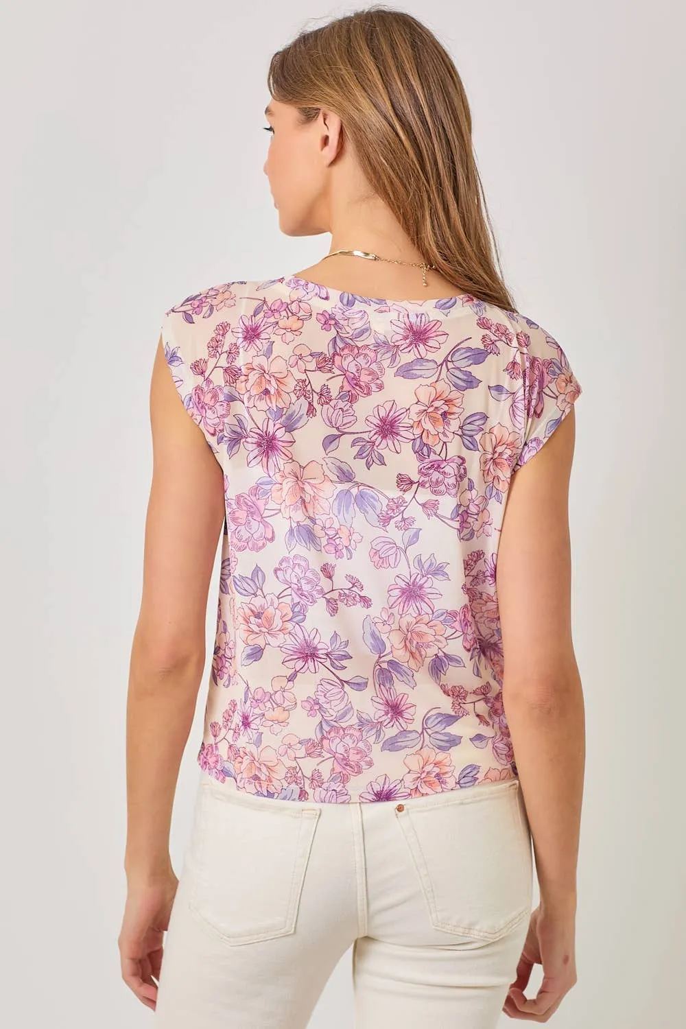 Ivory and Purple Floral Ruched Mesh Top