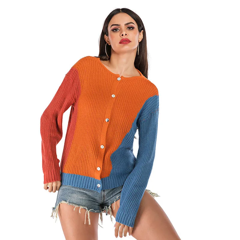 PEOPLETERRITORY   women's clothing New autumn and winter sweater loose cardigan contrasting colors women wearing long-sleeved knitted sweaters on both sides