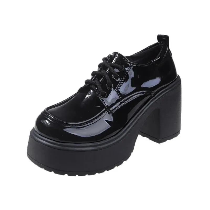 Sohiwoo Platform Pumps Women Thick Heels Mary Jean Shoes Woman Square Toe JK Student High Heeled Lace-up Shoes Ladies