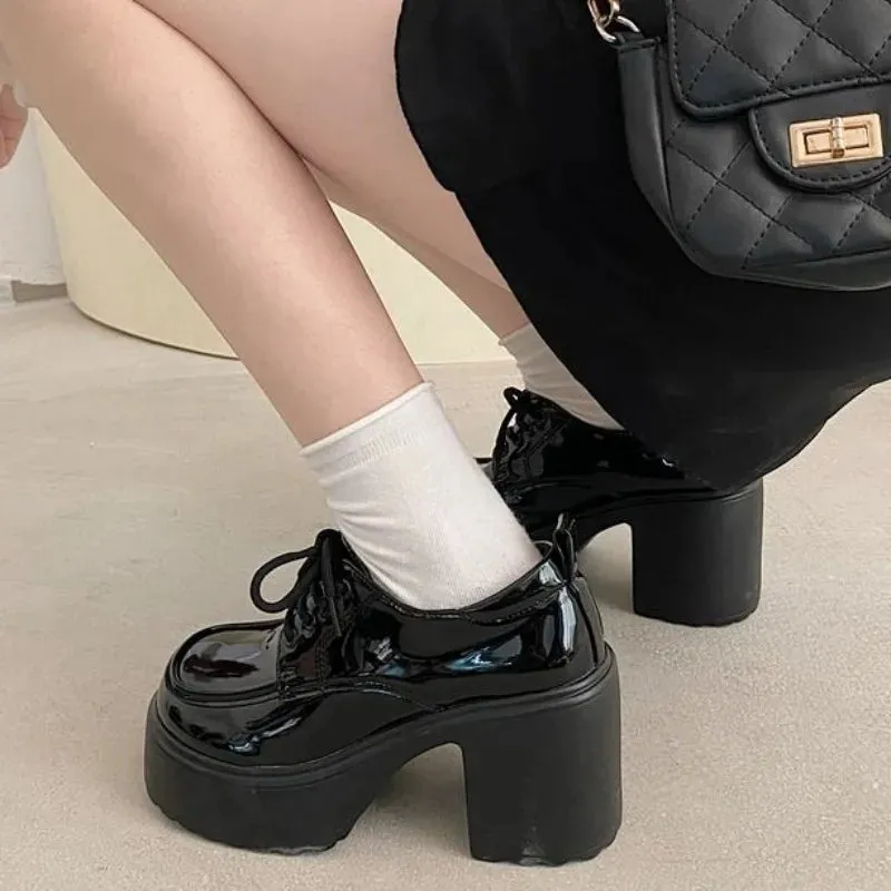 Sohiwoo Platform Pumps Women Thick Heels Mary Jean Shoes Woman Square Toe JK Student High Heeled Lace-up Shoes Ladies