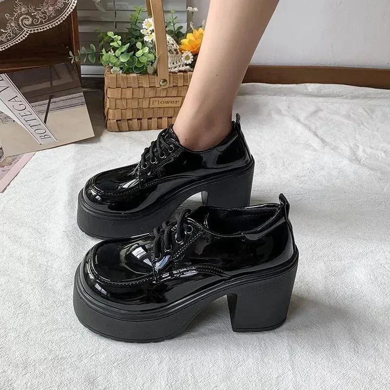 Sohiwoo Platform Pumps Women Thick Heels Mary Jean Shoes Woman Square Toe JK Student High Heeled Lace-up Shoes Ladies