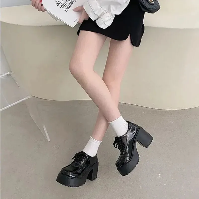 Sohiwoo Platform Pumps Women Thick Heels Mary Jean Shoes Woman Square Toe JK Student High Heeled Lace-up Shoes Ladies