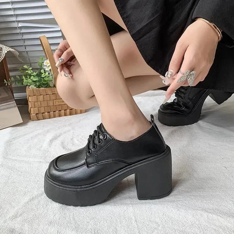 Sohiwoo Platform Pumps Women Thick Heels Mary Jean Shoes Woman Square Toe JK Student High Heeled Lace-up Shoes Ladies