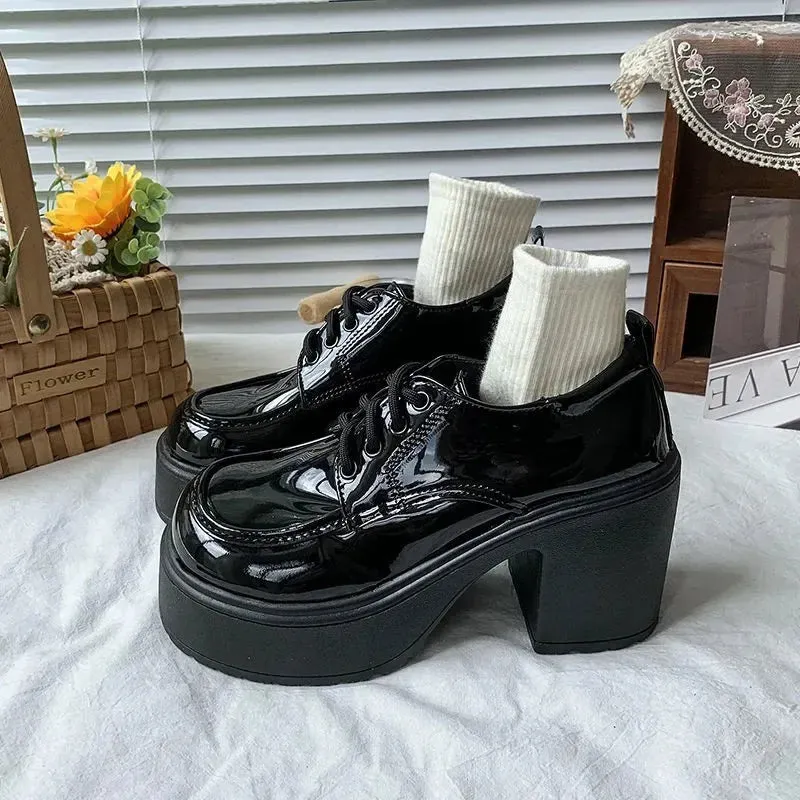 Sohiwoo Platform Pumps Women Thick Heels Mary Jean Shoes Woman Square Toe JK Student High Heeled Lace-up Shoes Ladies
