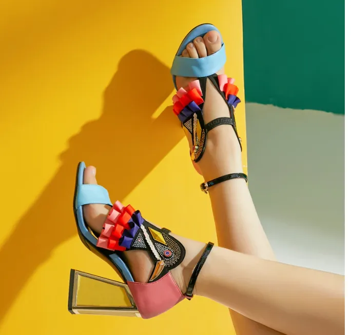 Summer Rhinestone Bird Ruffles Comfortable Chunky Heel Sandals